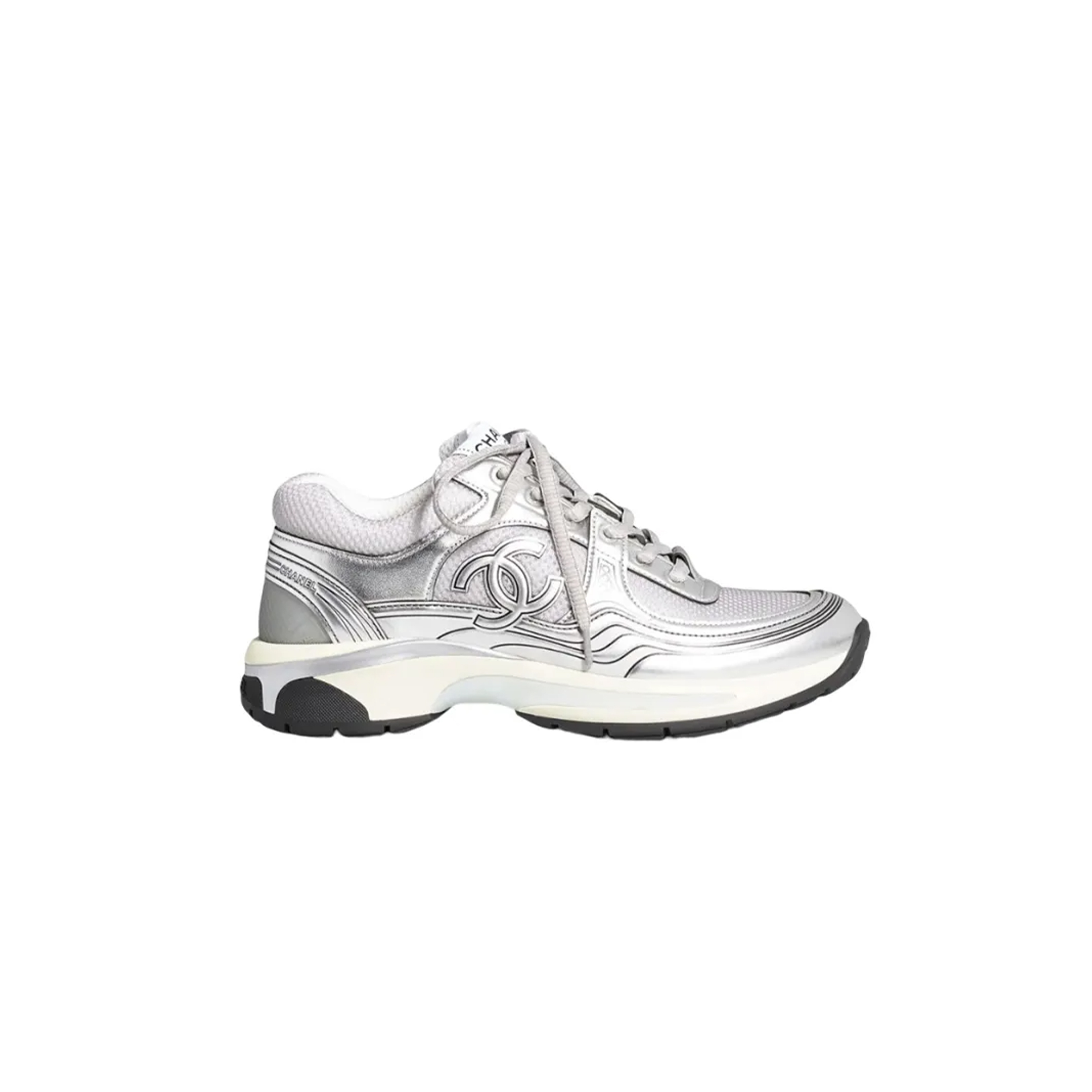 Ch*el  fabric laminated calfskin stretch cc sneakers white silver g39792